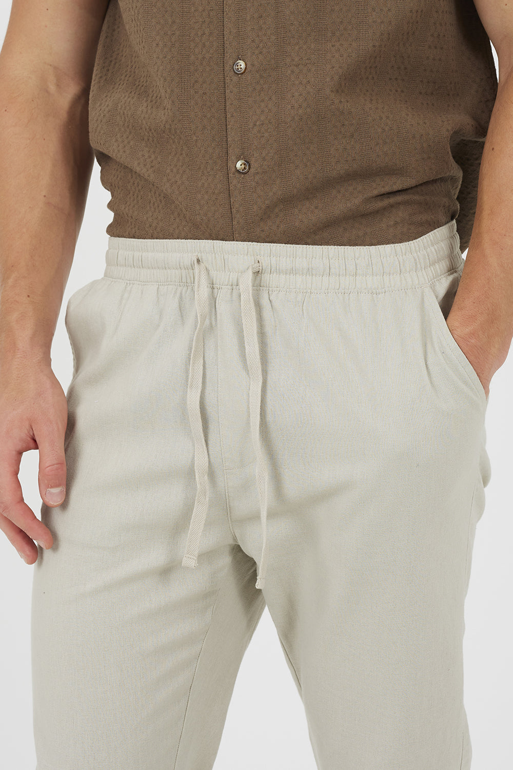 Brave Soul Light Stone Relaxed Fit Linen Blend Trousers - Light Stone Image 4