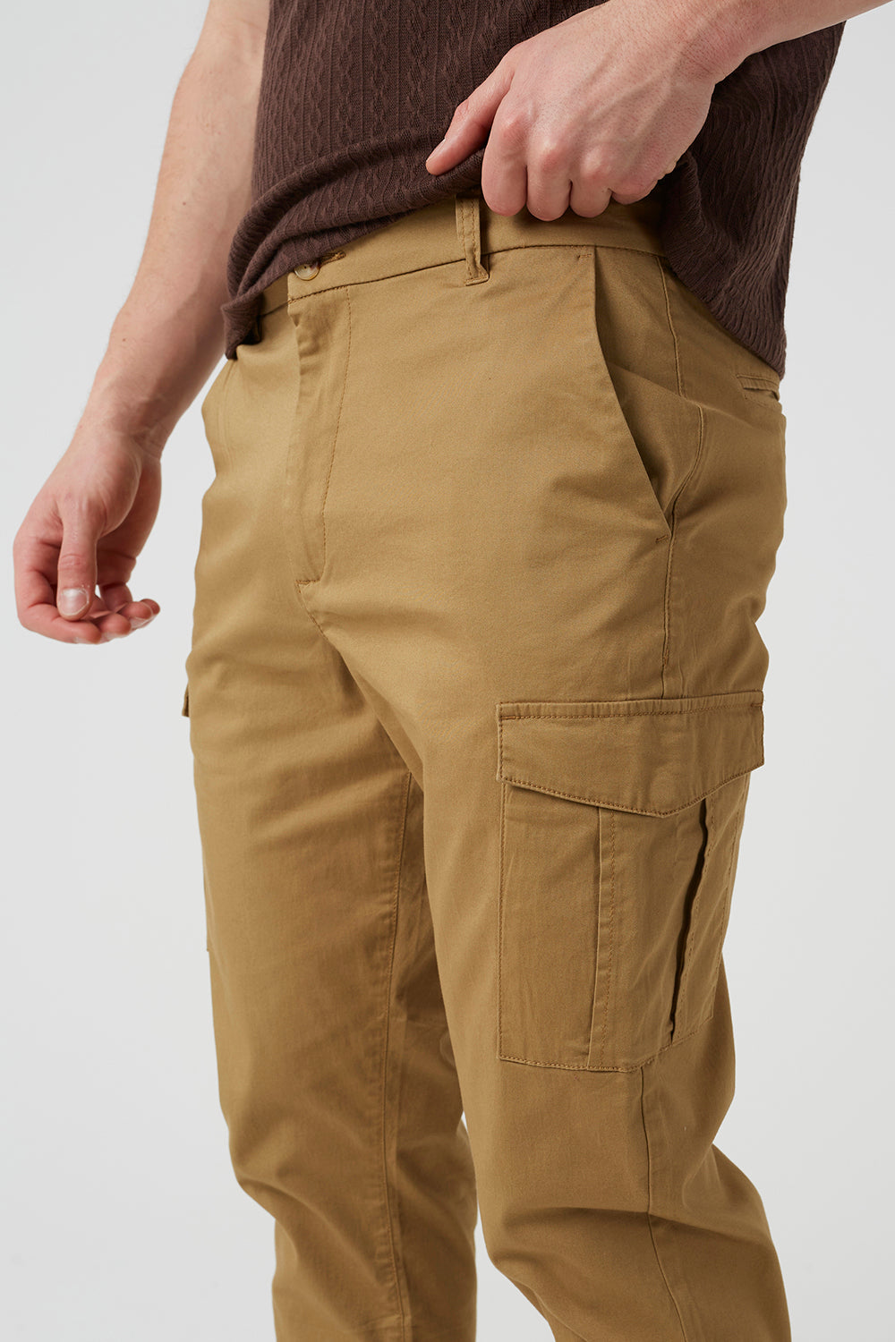 Brave Soul Stone Cotton Twill Cargo Style Chino Trousers - Stone Image 4