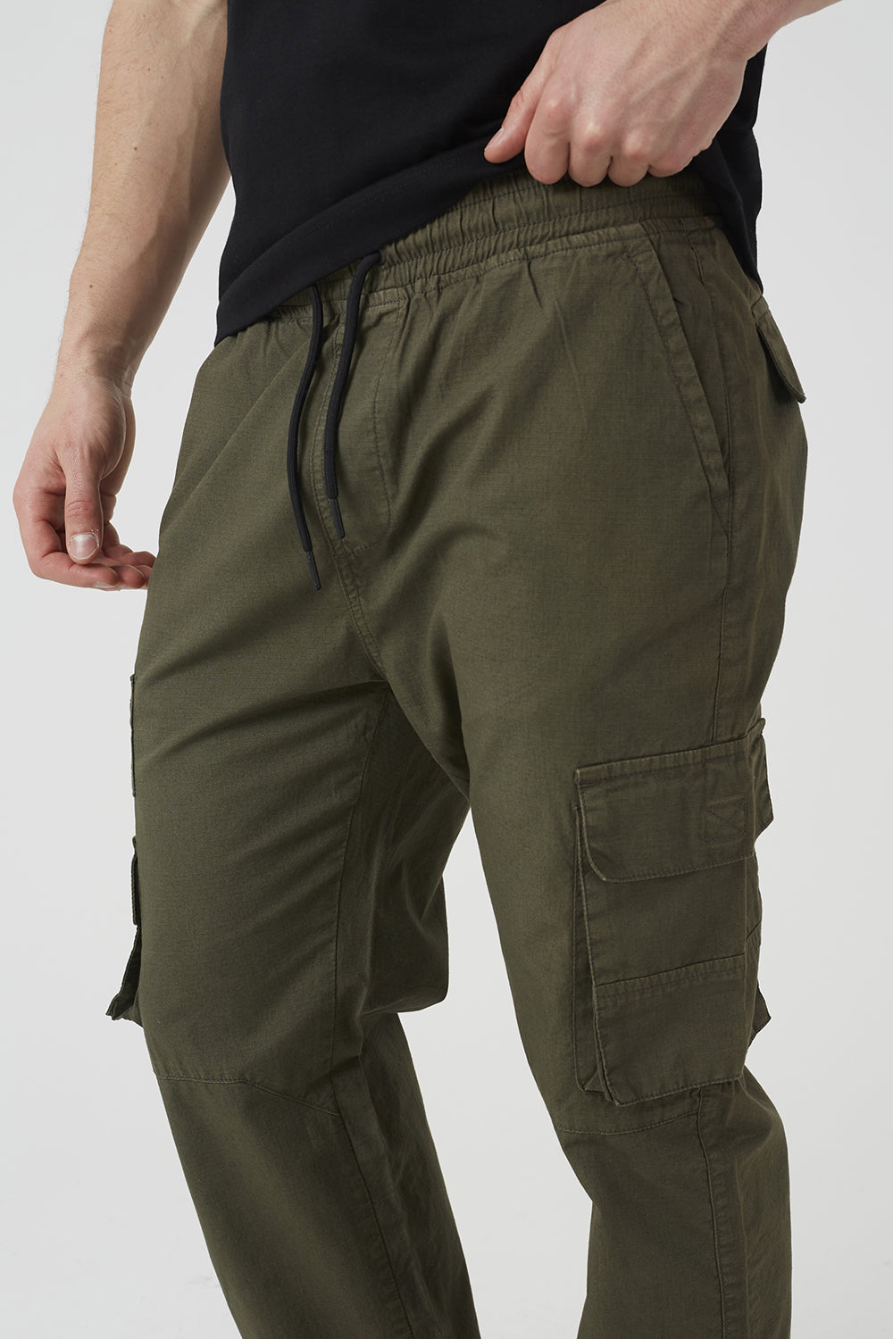Brave Soul Khaki Cotton Cargo Trousers With Bungee Hem - Khaki Image 4