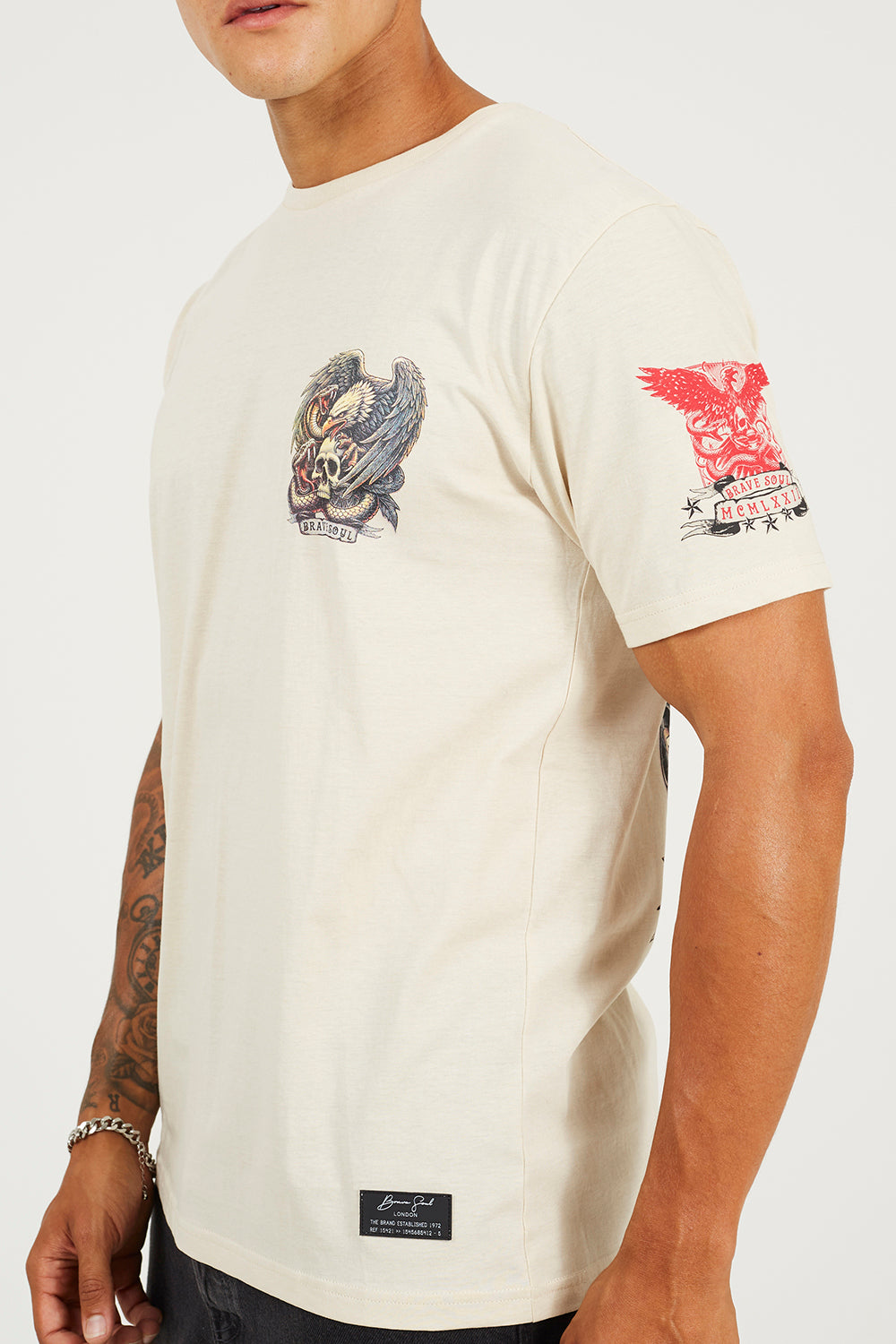 Brave Soul Light Beige Cotton Crew Neck Graphic T-Shirt - Light Beige Image 4