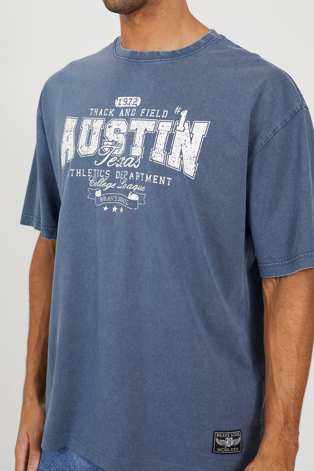 Brave Soul Blue Cotton Jersey Graphic T-Shirt - Blue Image 4