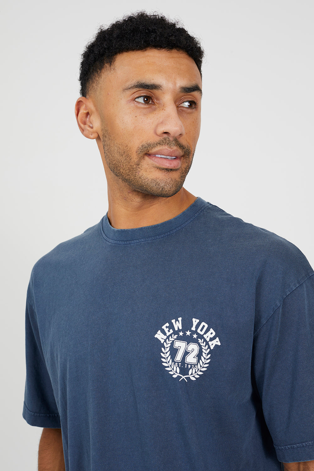 Brave Soul Blue Cotton Acid Wash Crew Neck Graphic T-Shirt - Blue Image 4