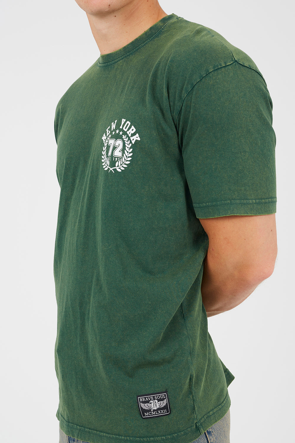 Brave Soul Green Cotton Acid Wash Crew Neck Graphic T-Shirt - Green Image 4