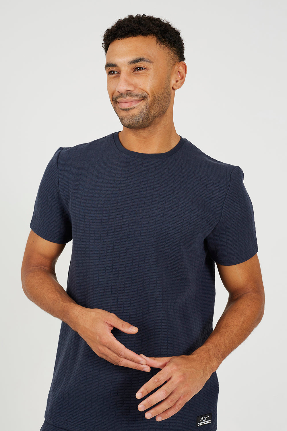 Brave Soul Navy Jacquard Short Sleeve Crew Neck T-Shirt - Navy Image 4