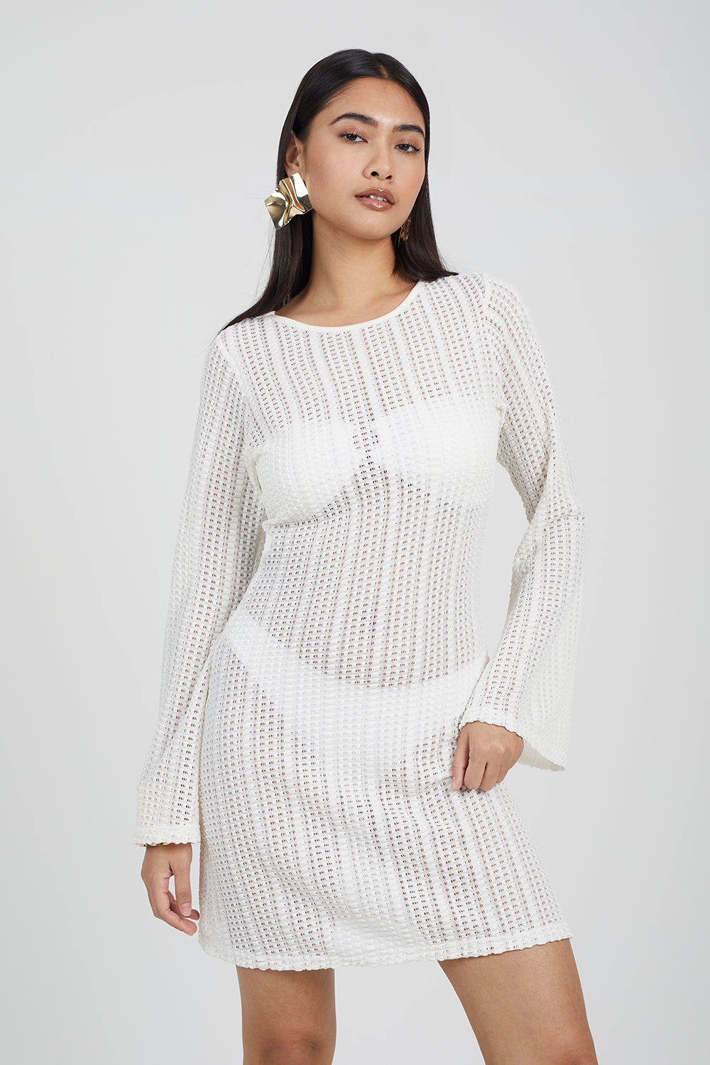 Brave Soul off white Long Sleeve Knitted Mesh Mini Dress - off white Image 1