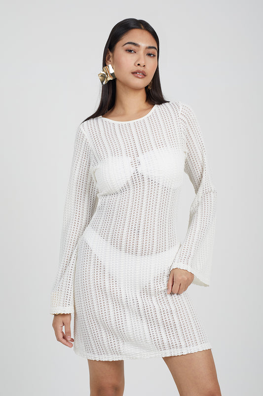 Brave Soul off white Long Sleeve Knitted Mesh Mini Dress - off white Image 1