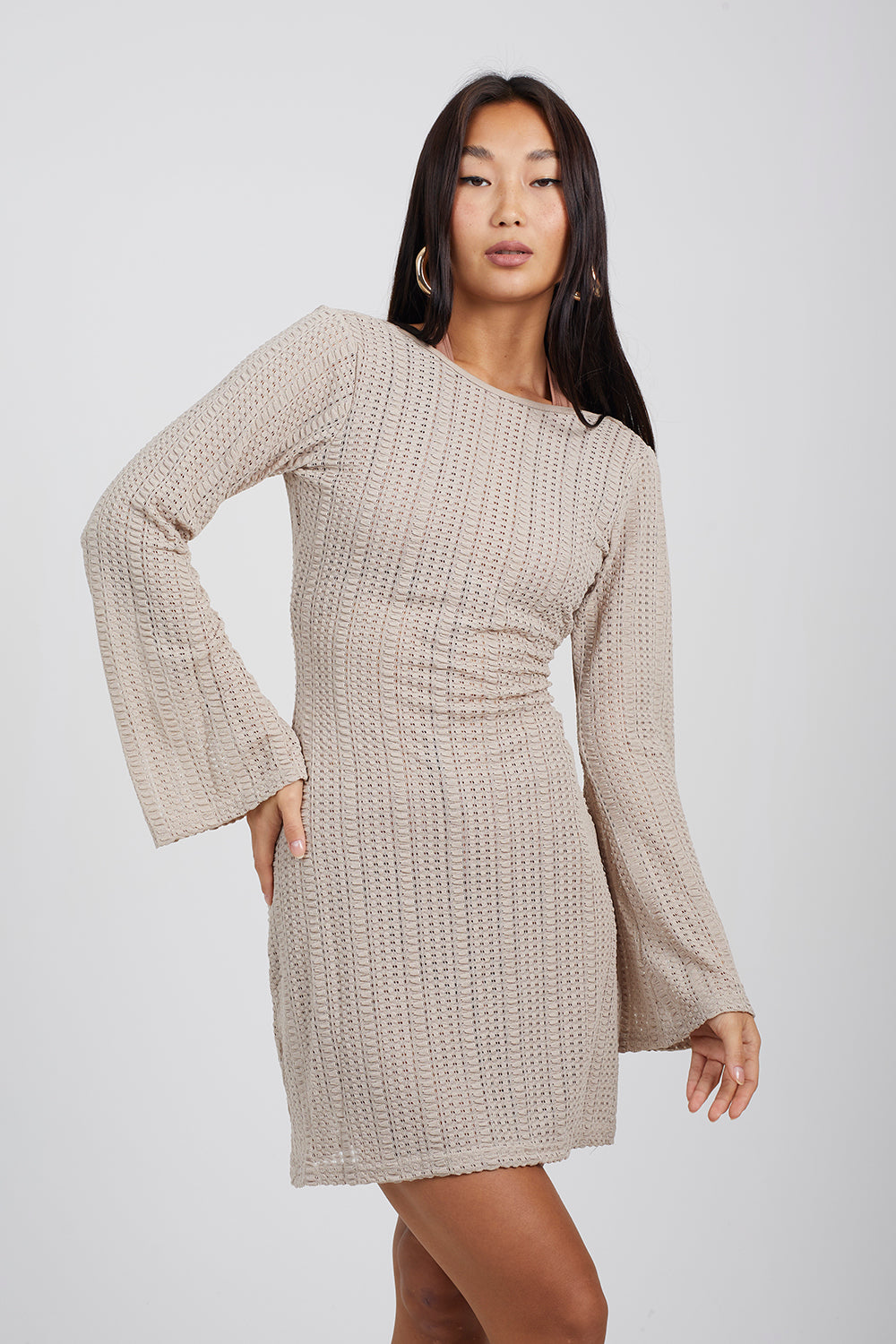 Brave Soul Taupe Long Sleeve Knitted Mesh Mini Dress - Taupe Image 1