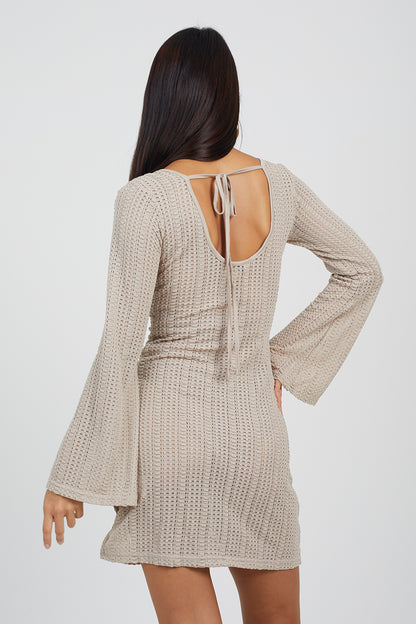 Brave Soul Taupe Long Sleeve Knitted Mesh Mini Dress - Taupe Image 2