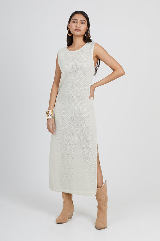Brave Soul Taupe Crochet Knit Sleeveless Maxi Dress - Taupe Image 1