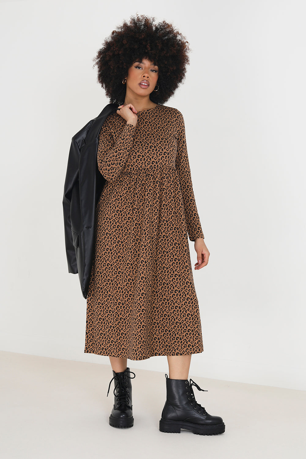 Brave Soul Tan Cotton Animal Print Long Sleeve Midi Smock Dress - Tan Image 1