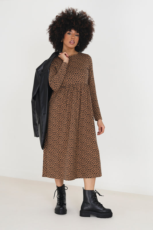 Brave Soul Tan Cotton Animal Print Long Sleeve Midi Smock Dress - Tan Image 1