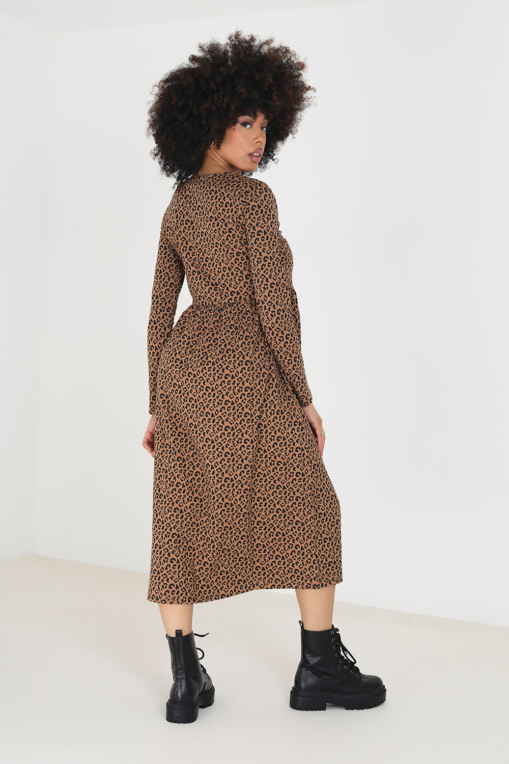 Brave Soul Tan Cotton Animal Print Long Sleeve Midi Smock Dress - Tan Image 2