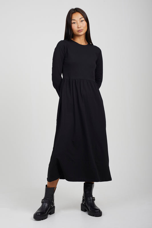 Brave Soul Black Cotton Long Sleeve Midi Smock Dress - Black Image 1