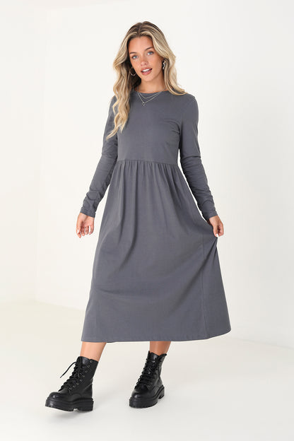 Brave Soul Grey Cotton Long Sleeve Midi Smock Dress - Grey Image 1
