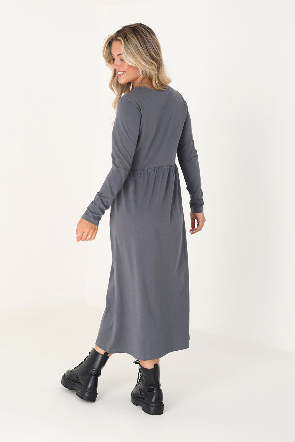 Brave Soul Grey Cotton Long Sleeve Midi Smock Dress - Grey Image 2