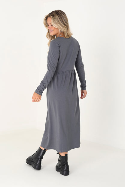 Brave Soul Grey Cotton Long Sleeve Midi Smock Dress - Grey Image 2