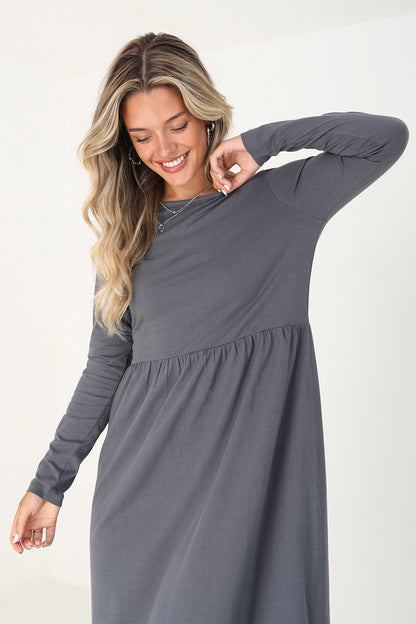 Brave Soul Grey Cotton Long Sleeve Midi Smock Dress - Grey Image 3