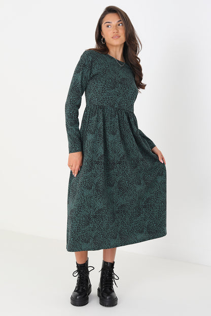Brave Soul Green Cotton Animal Print Long Sleeve Midi Smock Dress - Green Image 1