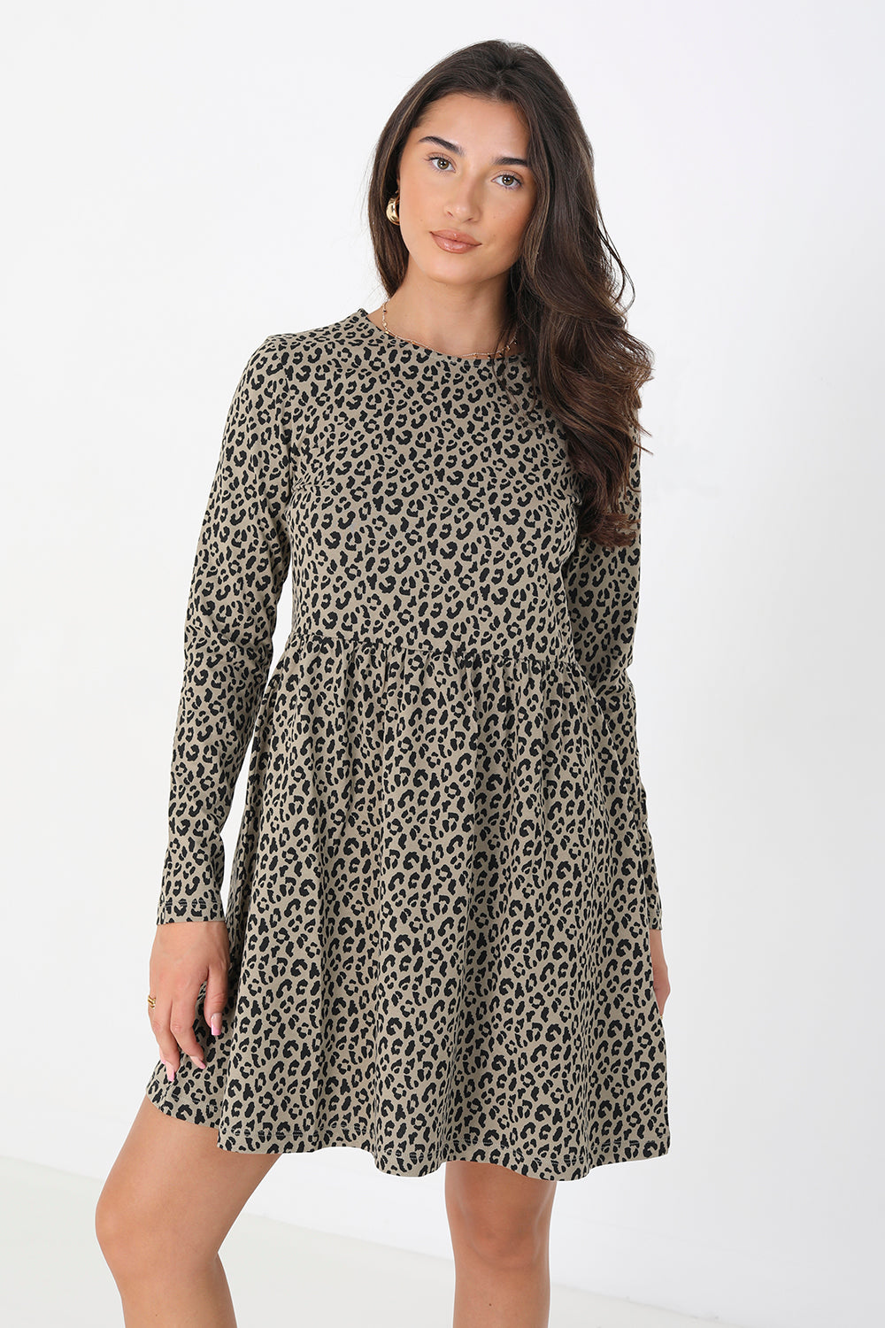 Brave Soul Light Grey Cotton Animal Print Long Sleeve Mini Smock Dress - Light Grey Image 1