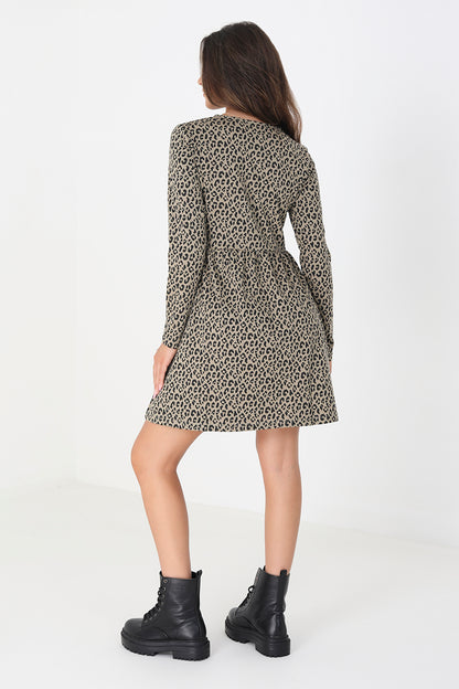 Brave Soul Light Grey Cotton Animal Print Long Sleeve Mini Smock Dress - Light Grey Image 2