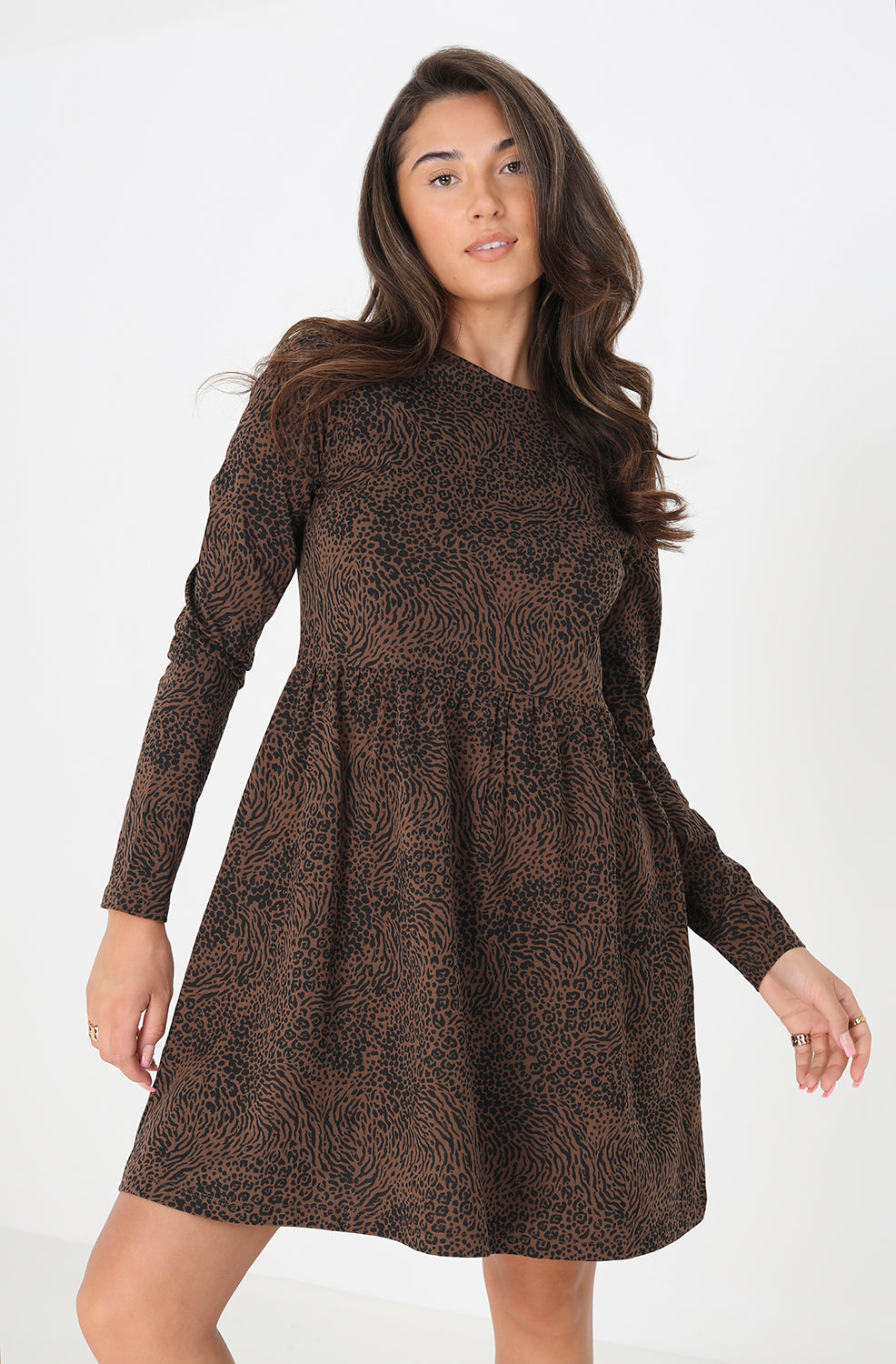 Brave Soul Brown Cotton Animal Print Long Sleeve Mini Smock Dress - Brown Image 1