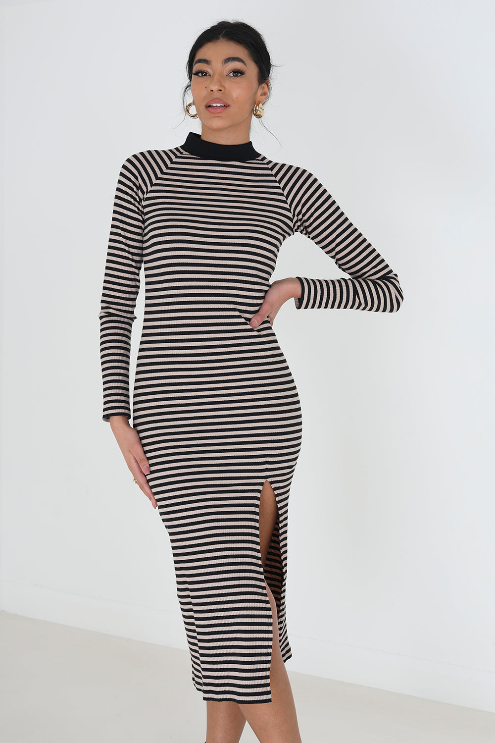 Brave Soul Black Cotton Blend Midi Rib Knit Stripe Dress with Split - Black Image 1