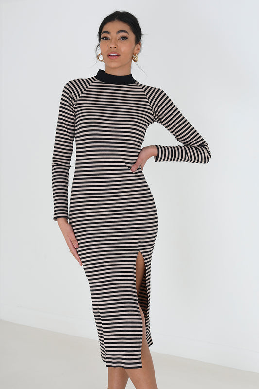 Brave Soul Black Cotton Blend Midi Rib Knit Stripe Dress with Split - Black Image 1