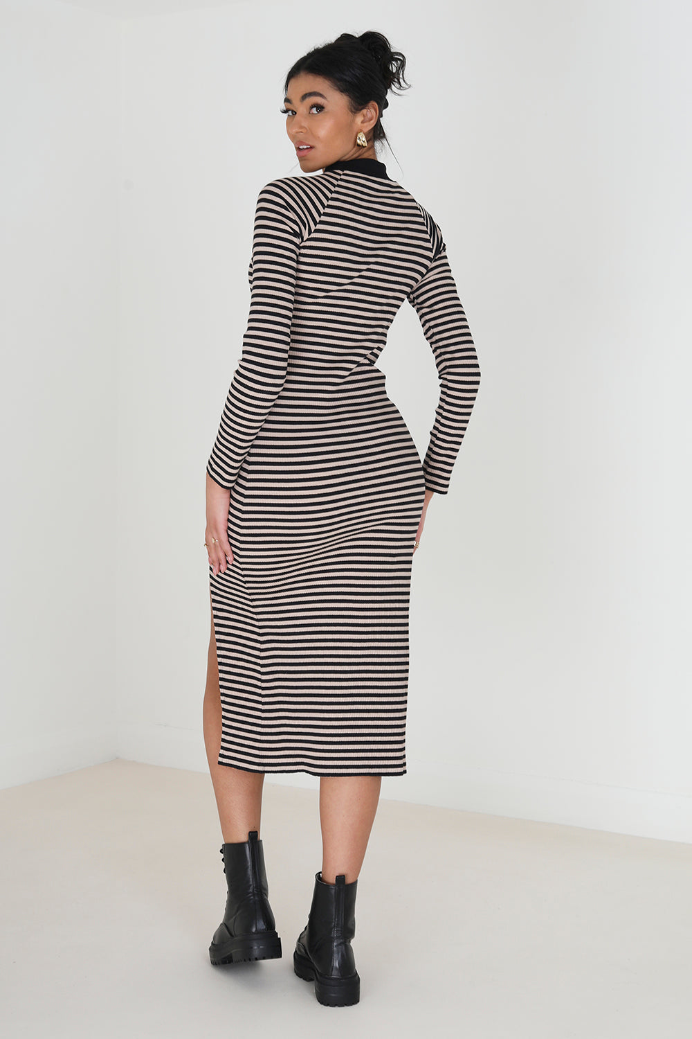 Brave Soul Black Cotton Blend Midi Rib Knit Stripe Dress with Split - Black Image 2