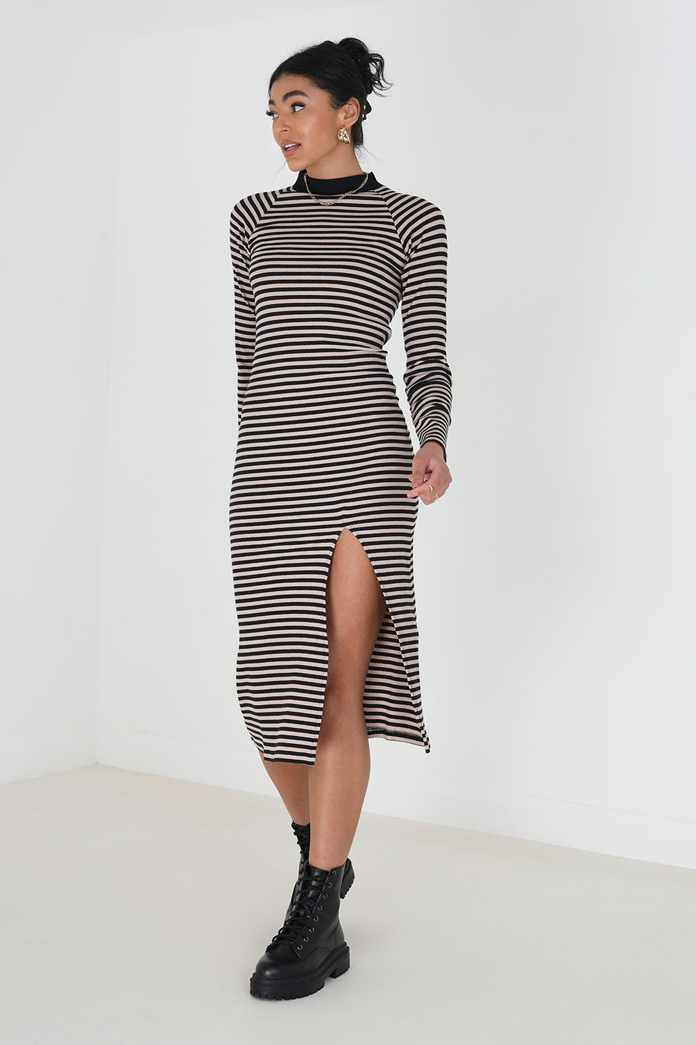 Brave Soul Black Cotton Blend Midi Rib Knit Stripe Dress with Split - Black Image 3