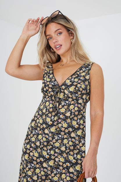 Brave Soul Black Sleeveless V-Neck Floral Midi Dress - Black Image 3