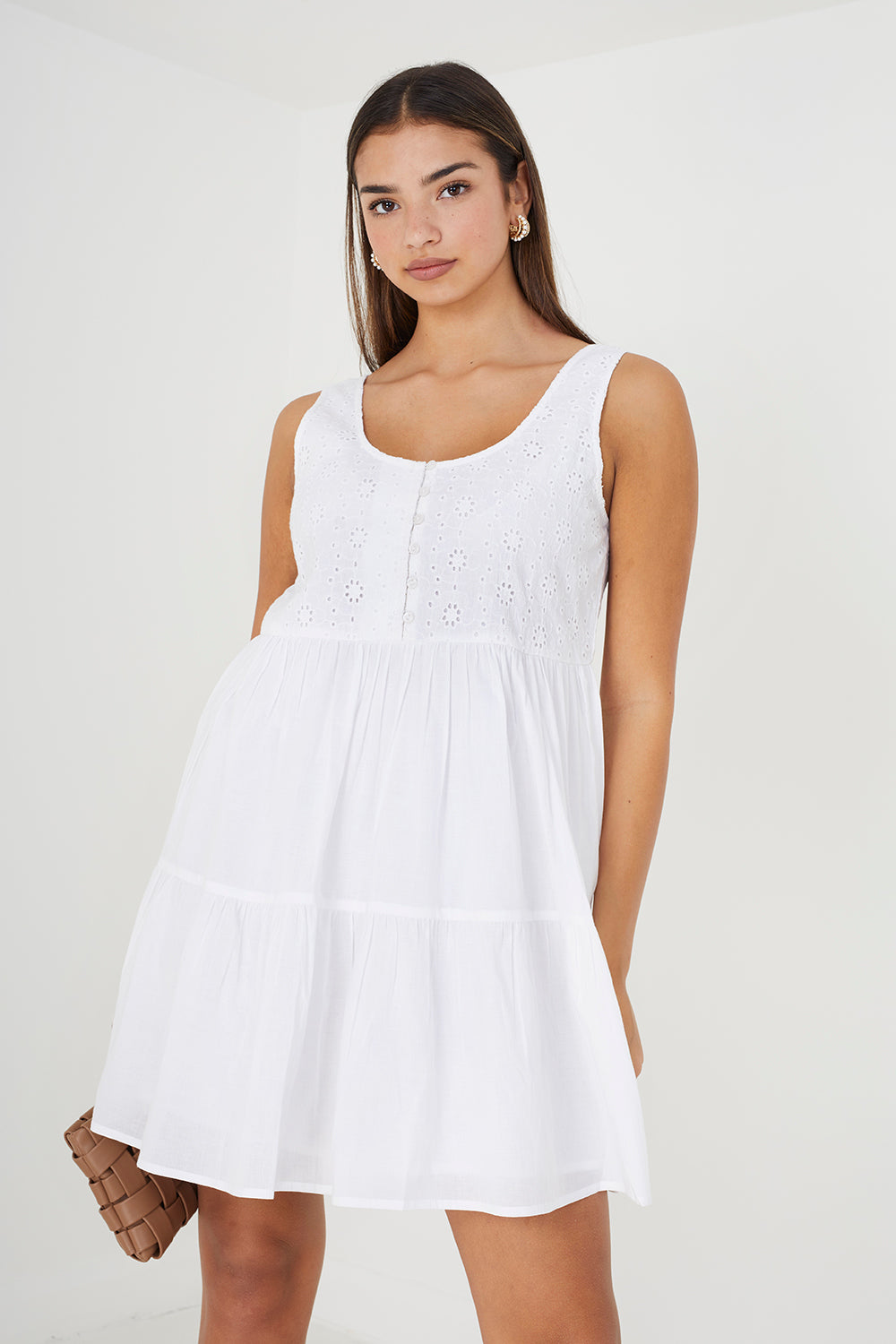 Brave Soul White Borderie Top Tiered Smock Mini Dress - White Image 1