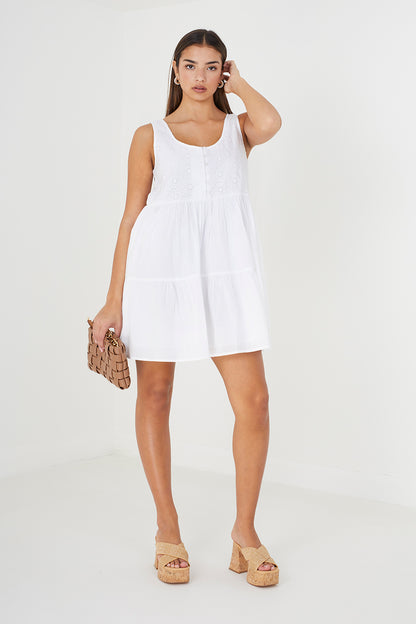 Brave Soul White Borderie Top Tiered Smock Mini Dress - White Image 3