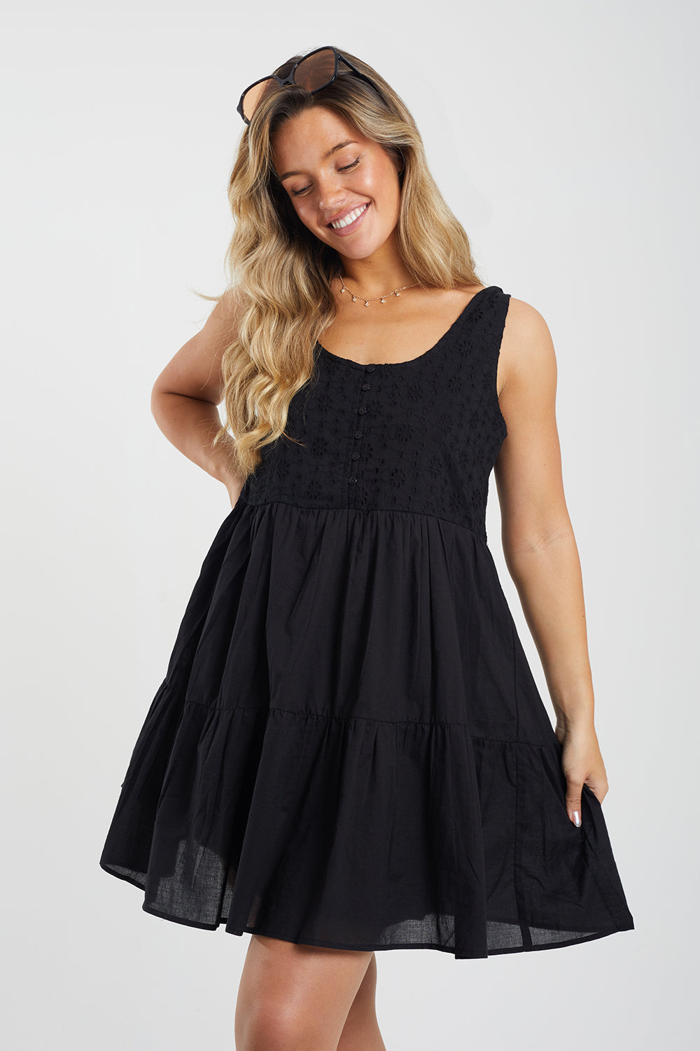 Brave Soul Black Borderie Top Tiered Smock Mini Dress - Black Image 1