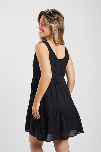 Brave Soul Black Borderie Top Tiered Smock Mini Dress - Black Image 2