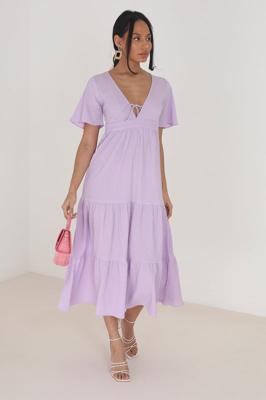 Brave Soul Lilac V-Neck Flutter Sleeve Tiered Midi Dress - Lilac Image 1