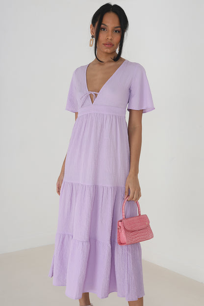 Brave Soul Lilac V-Neck Flutter Sleeve Tiered Midi Dress - Lilac Image 3
