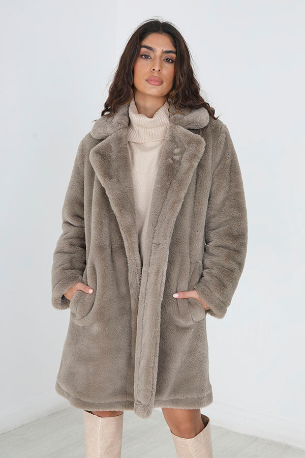Brave Soul Taupe Double Breasted Faux Fur Coat - Taupe Image 1