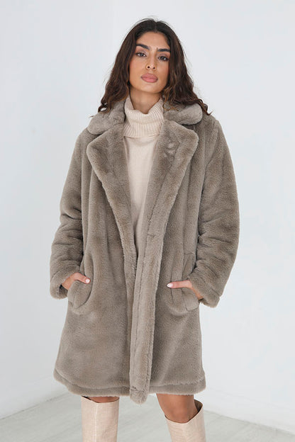 Brave Soul Taupe Double Breasted Faux Fur Coat - Taupe Image 1