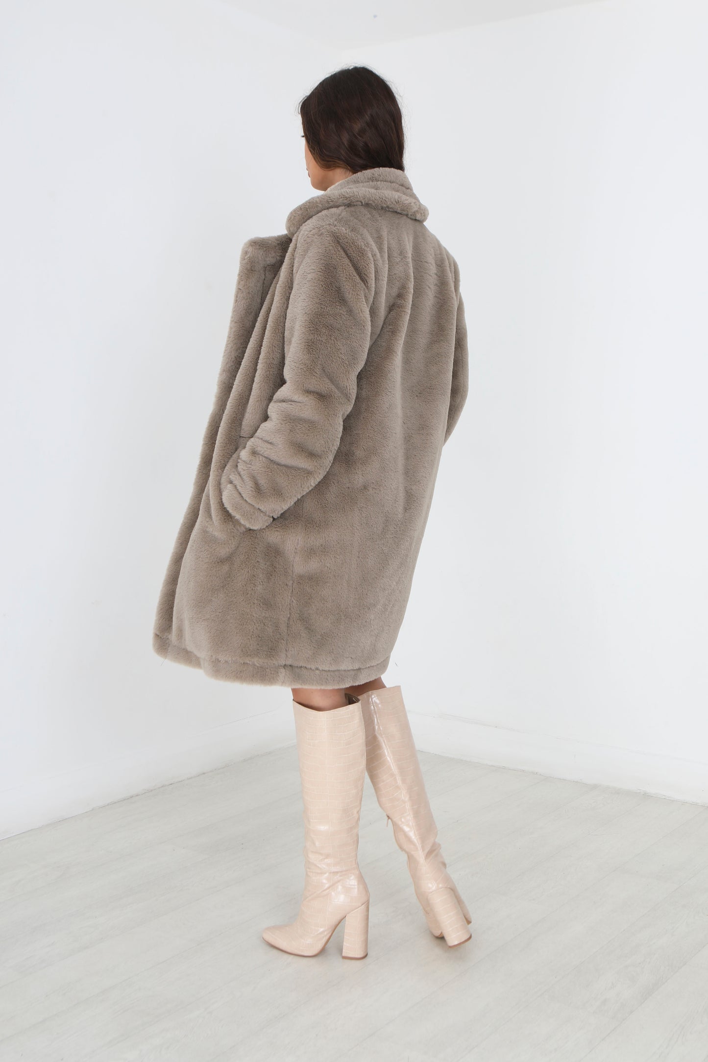 Brave Soul Taupe Double Breasted Faux Fur Coat - Taupe Image 2