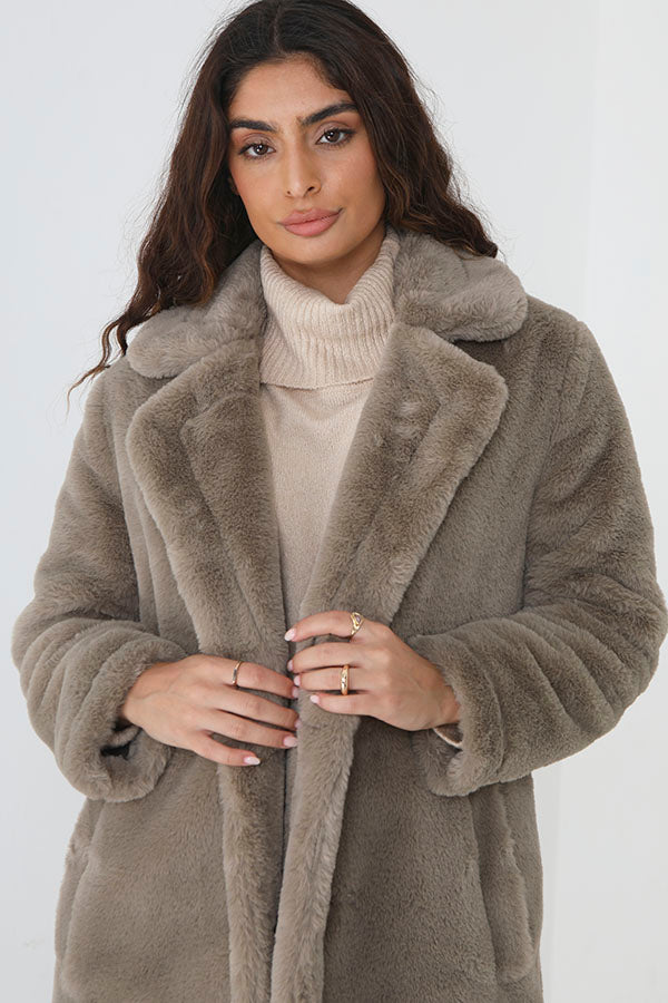 Brave Soul Taupe Double Breasted Faux Fur Coat - Taupe Image 3