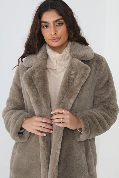 Brave Soul Taupe Double Breasted Faux Fur Coat - Taupe Image 3
