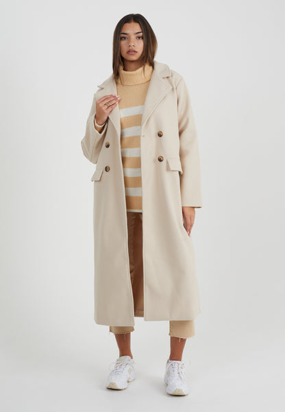 Brave Soul Cream Double Breasted Faux Wool Longline Coat - Cream Image 1