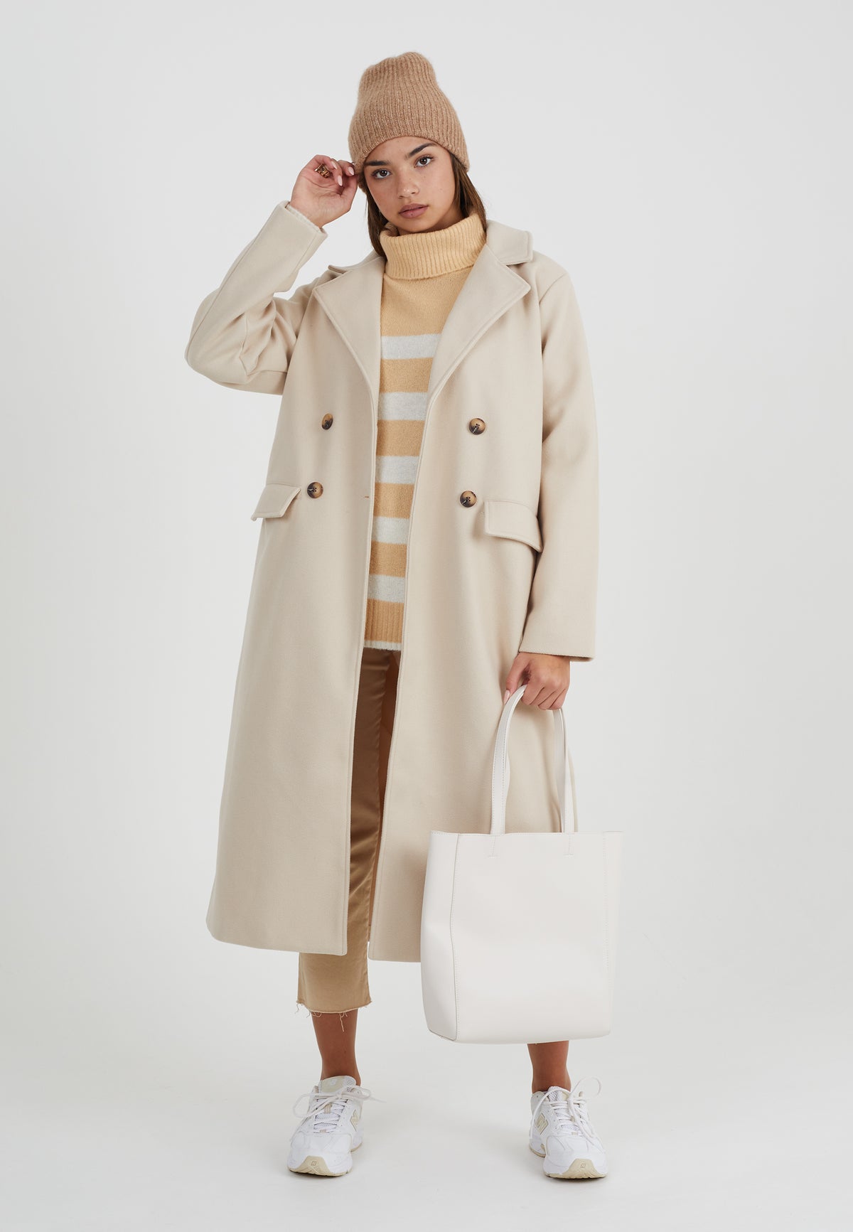 Brave Soul Cream Double Breasted Faux Wool Longline Coat - Cream Image 3