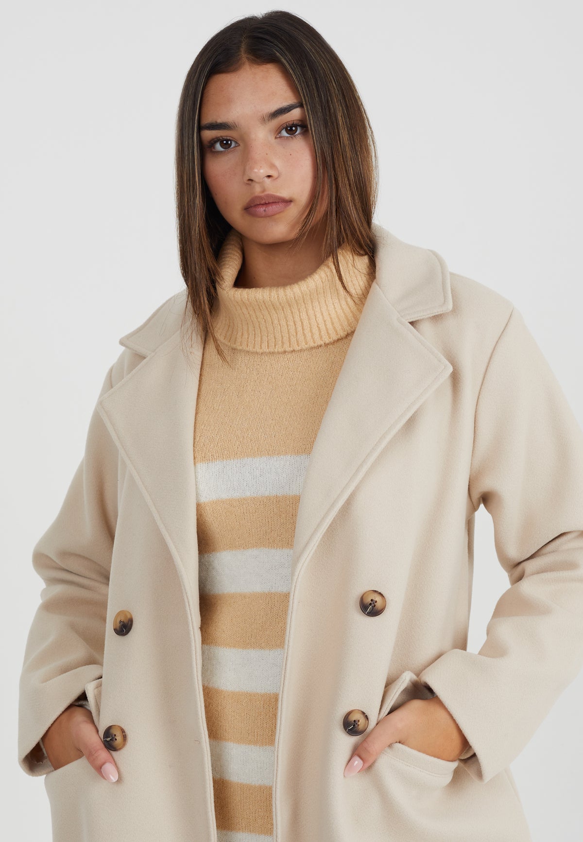Brave Soul Cream Double Breasted Faux Wool Longline Coat - Cream Image 4