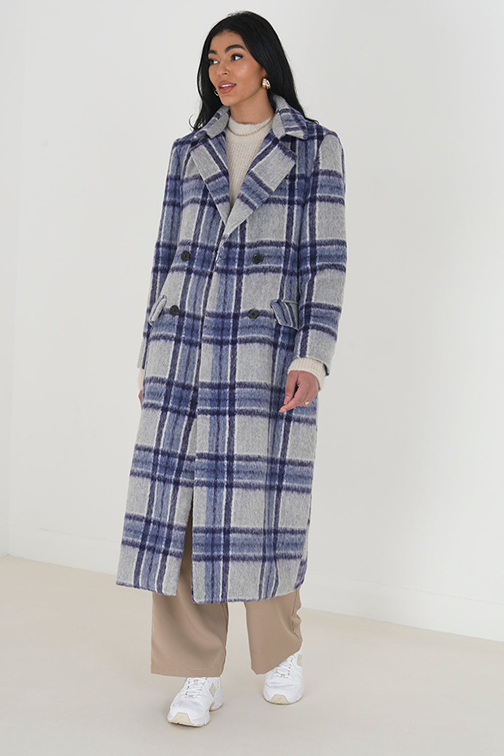 Brave Soul Blue Double Breasted Faux Wool Longline Check Jacket - Blue Image 1