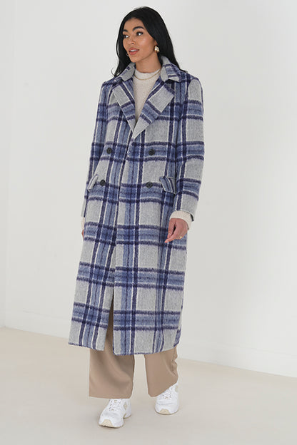 Brave Soul Blue Double Breasted Faux Wool Longline Check Jacket - Blue Image 1