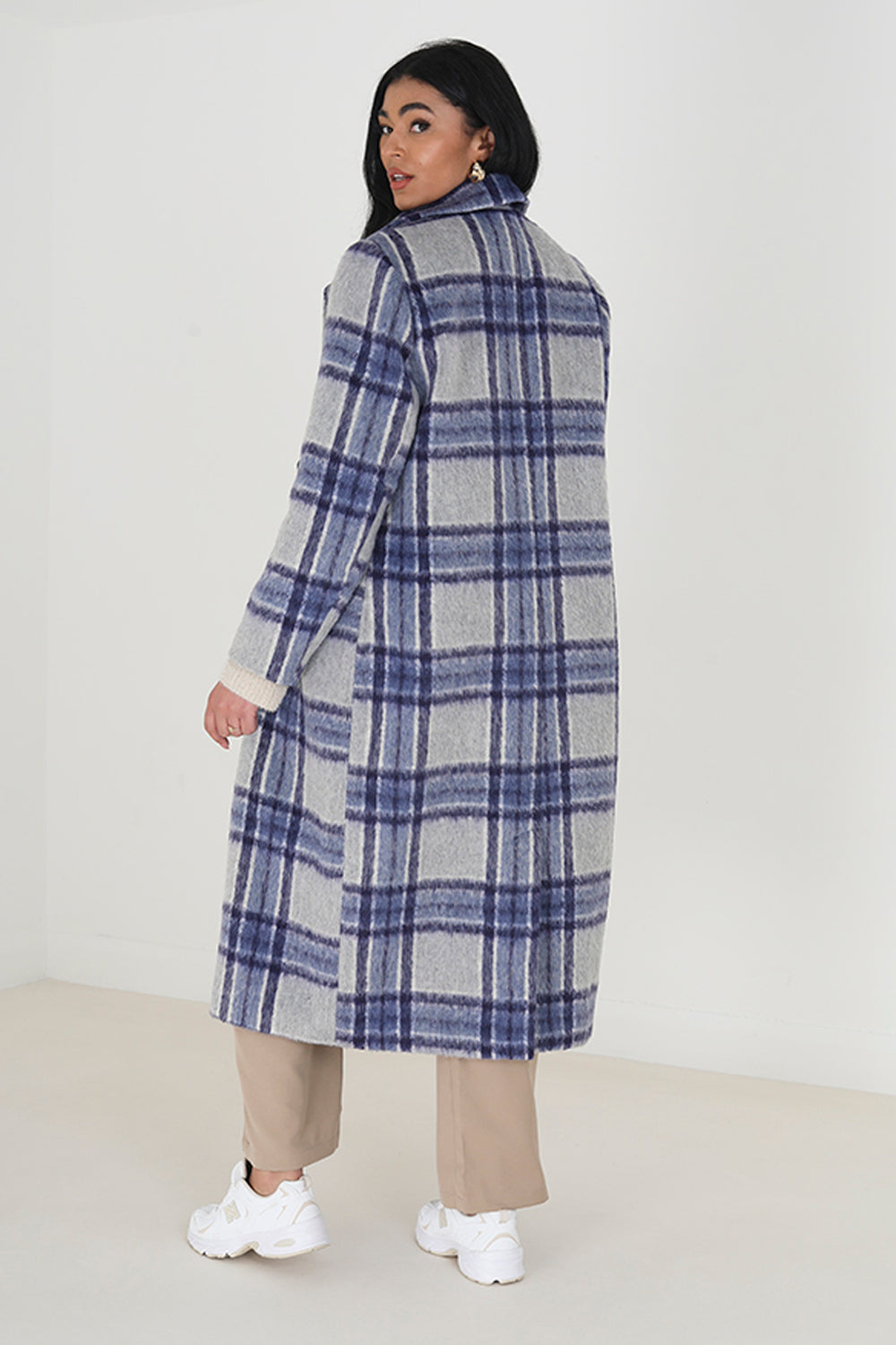 Brave Soul Blue Double Breasted Faux Wool Longline Check Jacket - Blue Image 2