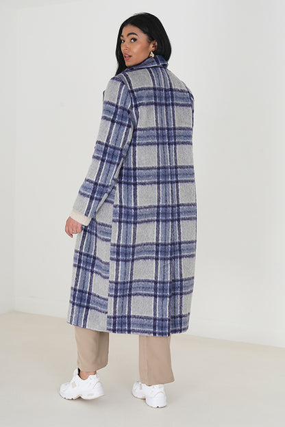 Brave Soul Blue Double Breasted Faux Wool Longline Check Jacket - Blue Image 2