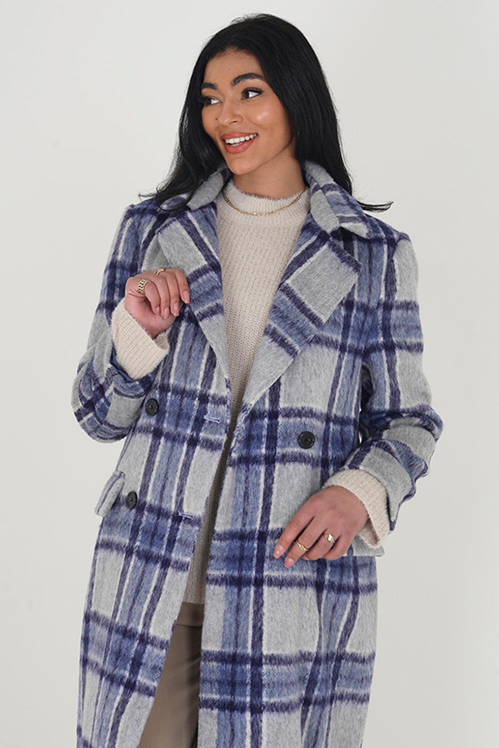 Brave Soul Blue Double Breasted Faux Wool Longline Check Jacket - Blue Image 3