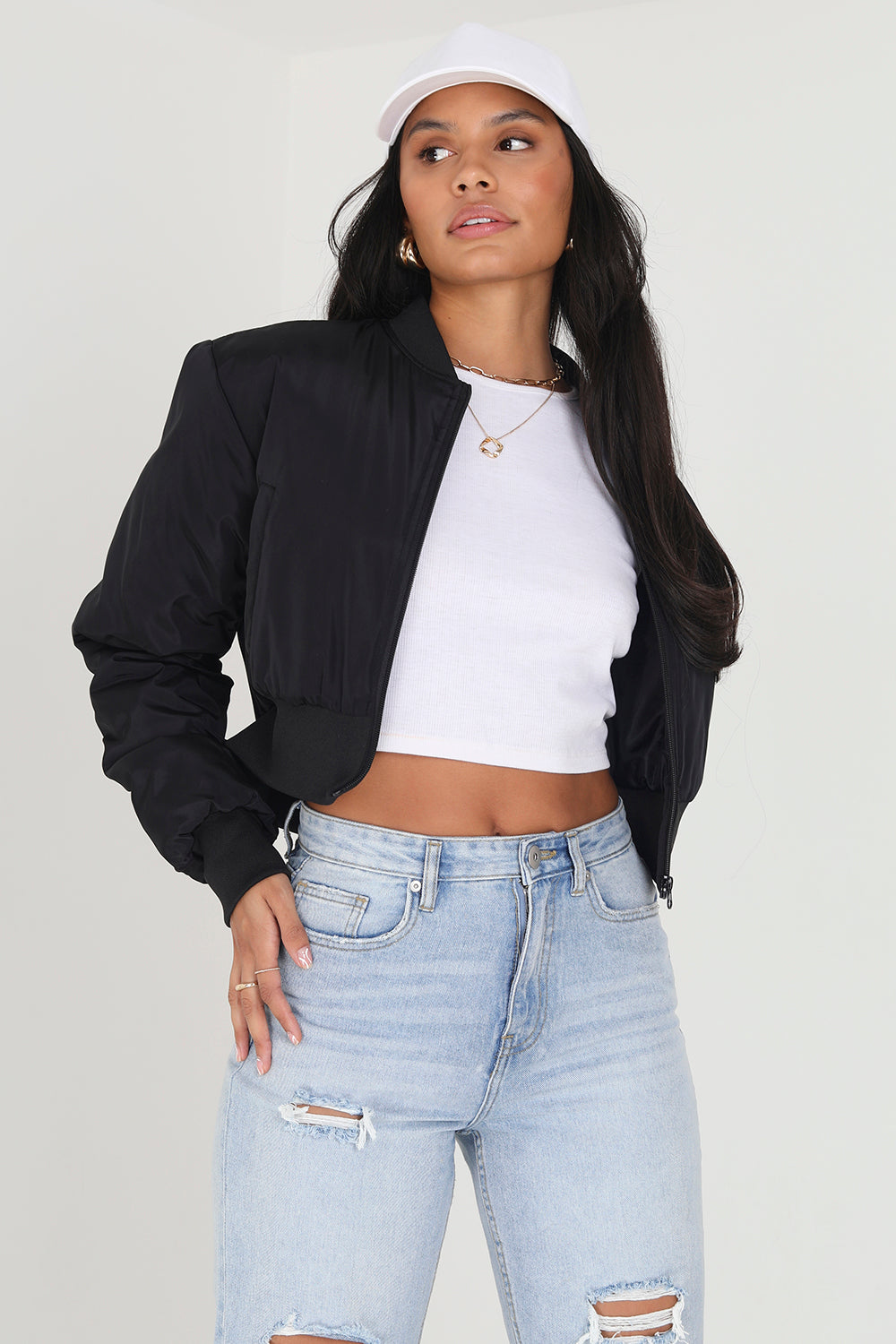 Brave Soul Black Cropped Bomber Jacket - Black Image 1